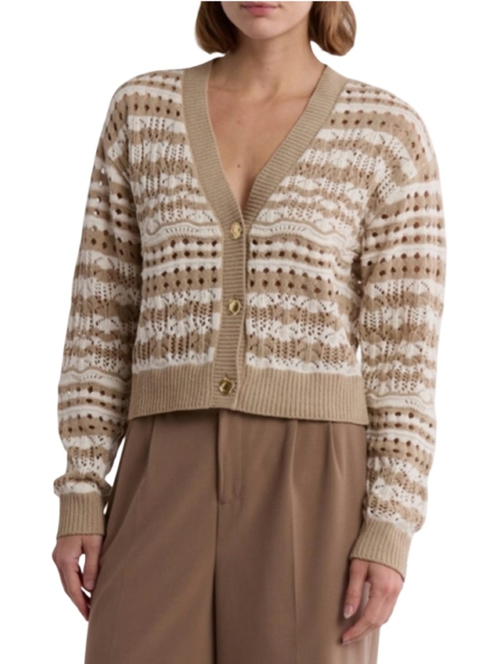 Laundry By Shelli Segal Beige and White Patterned V-Neck Cardigan